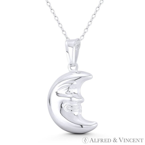 Smiling Face Crescent Moon Astrological Charm Pendant in .925 Sterling Silver - Picture 1 of 1